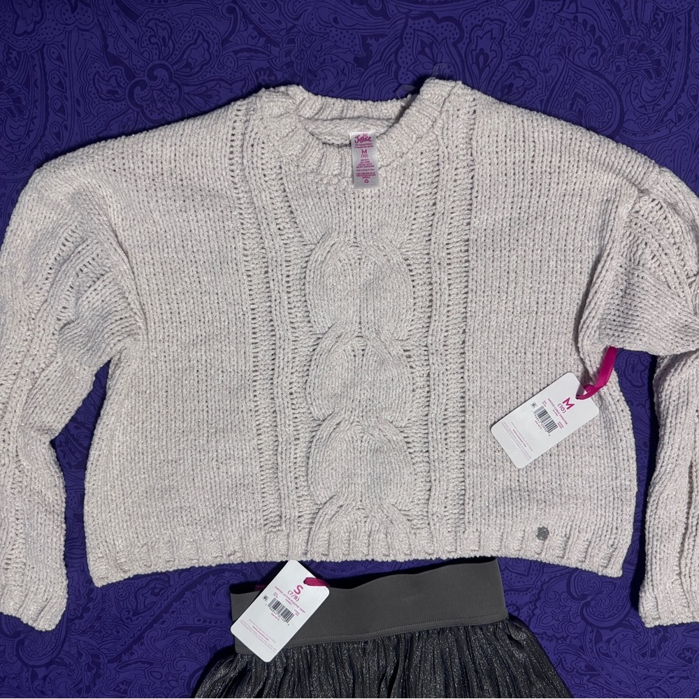 Girls Justice Sparkly Light Silver Cable Knit Sweater